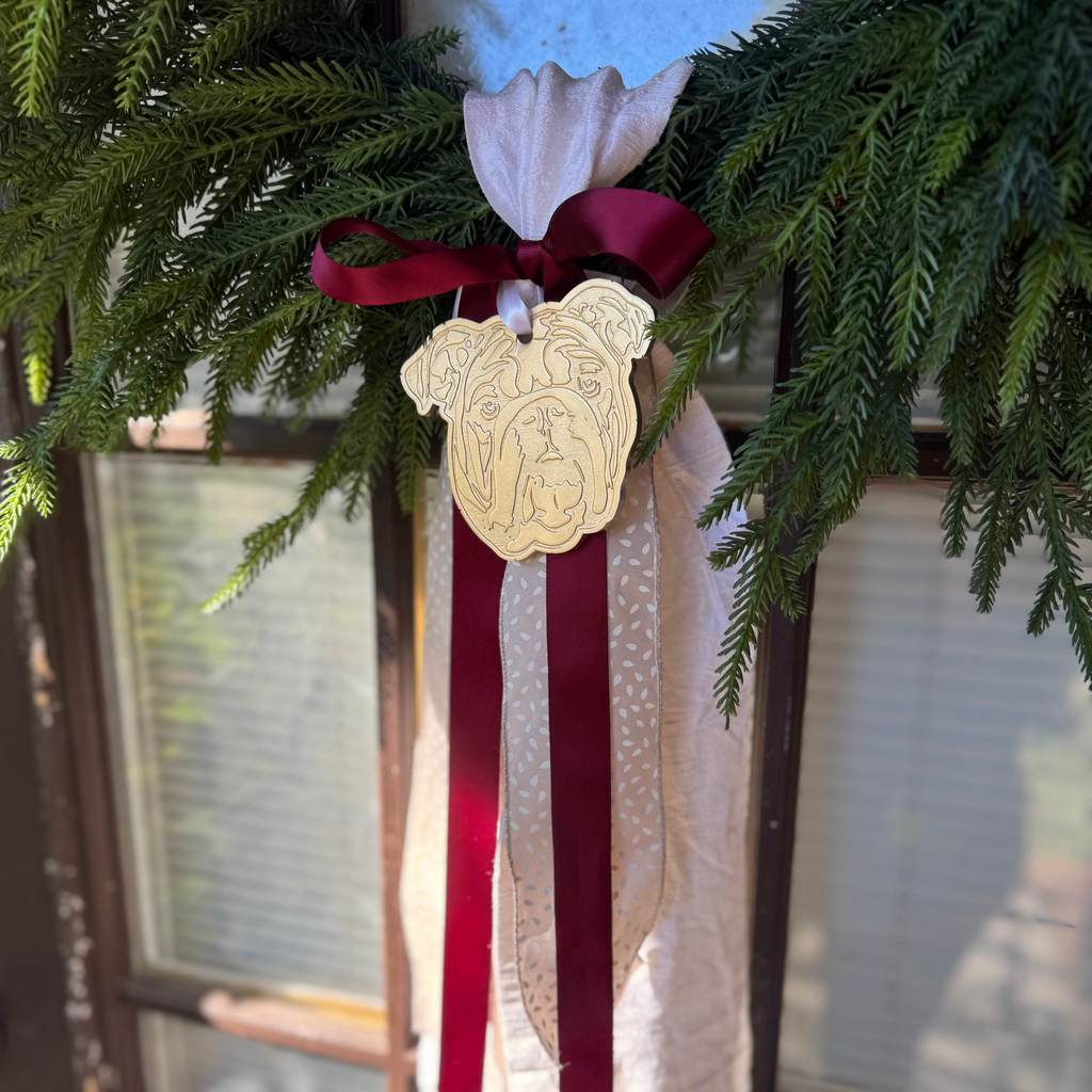 Gold bulldog ornament - MS State Bulldogs Christmas wreath sash ornament
