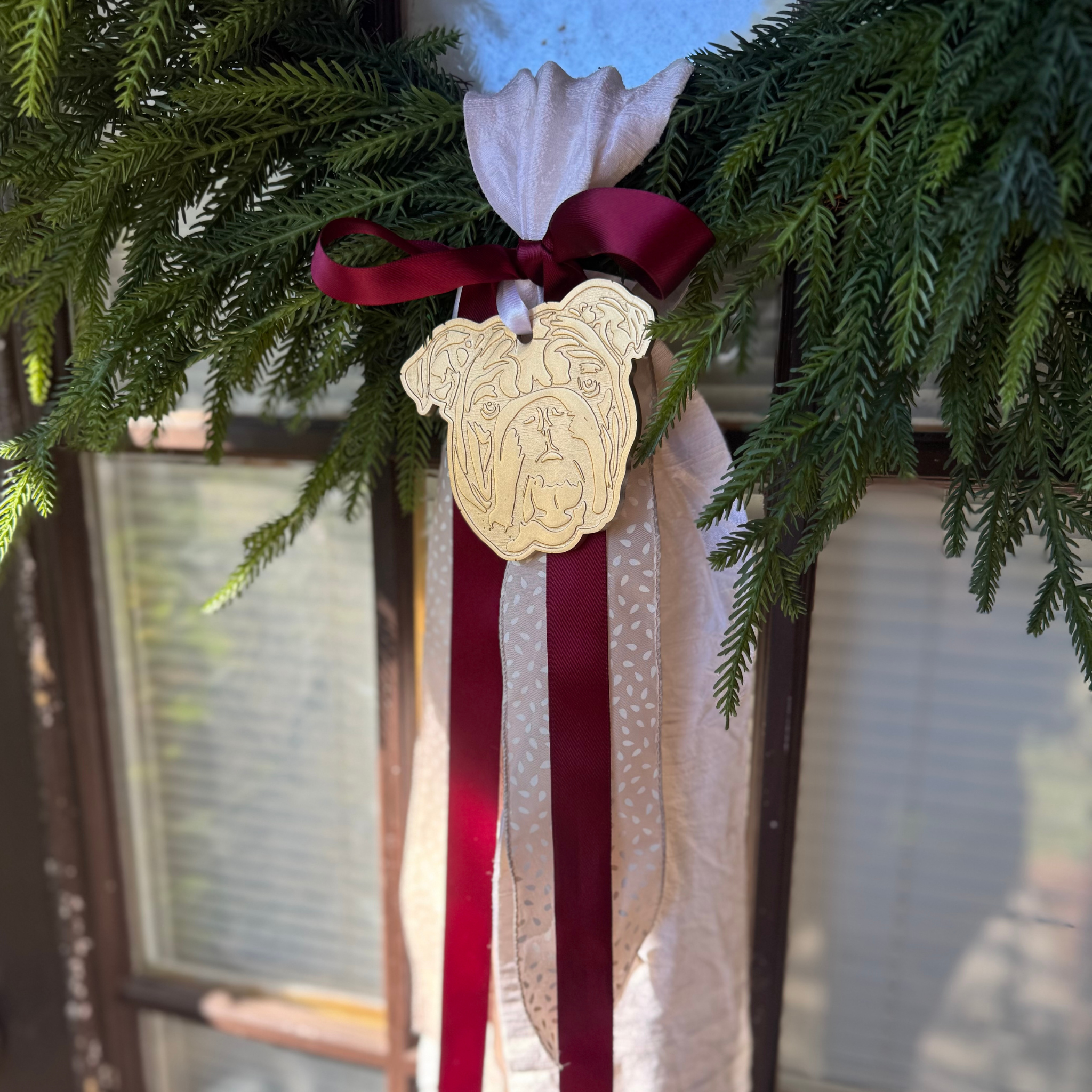 Gold bulldog ornament - MS State Bulldogs Christmas wreath sash ornament