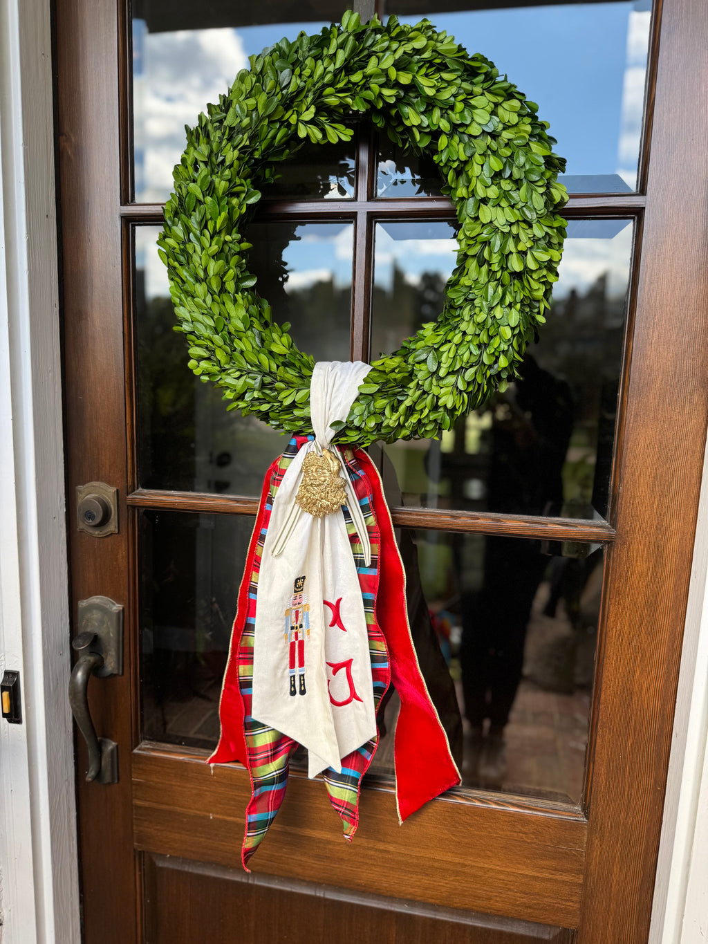 Boxwood Christmas wreath - traditional red and green christmas wreath - santa wreath sash ornament 
