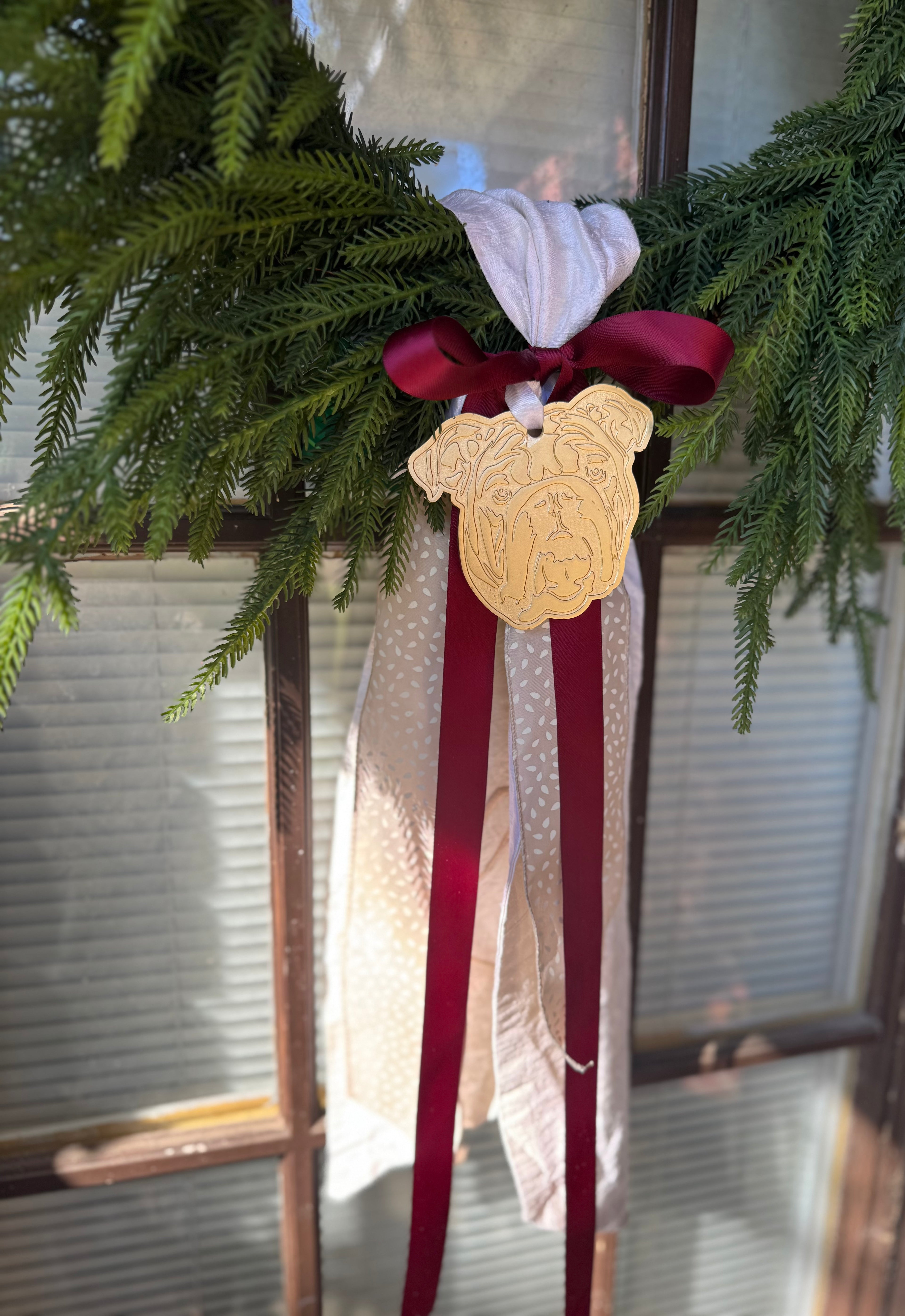 Gold bulldog ornament - MS State Bulldogs Christmas wreath sash ornament