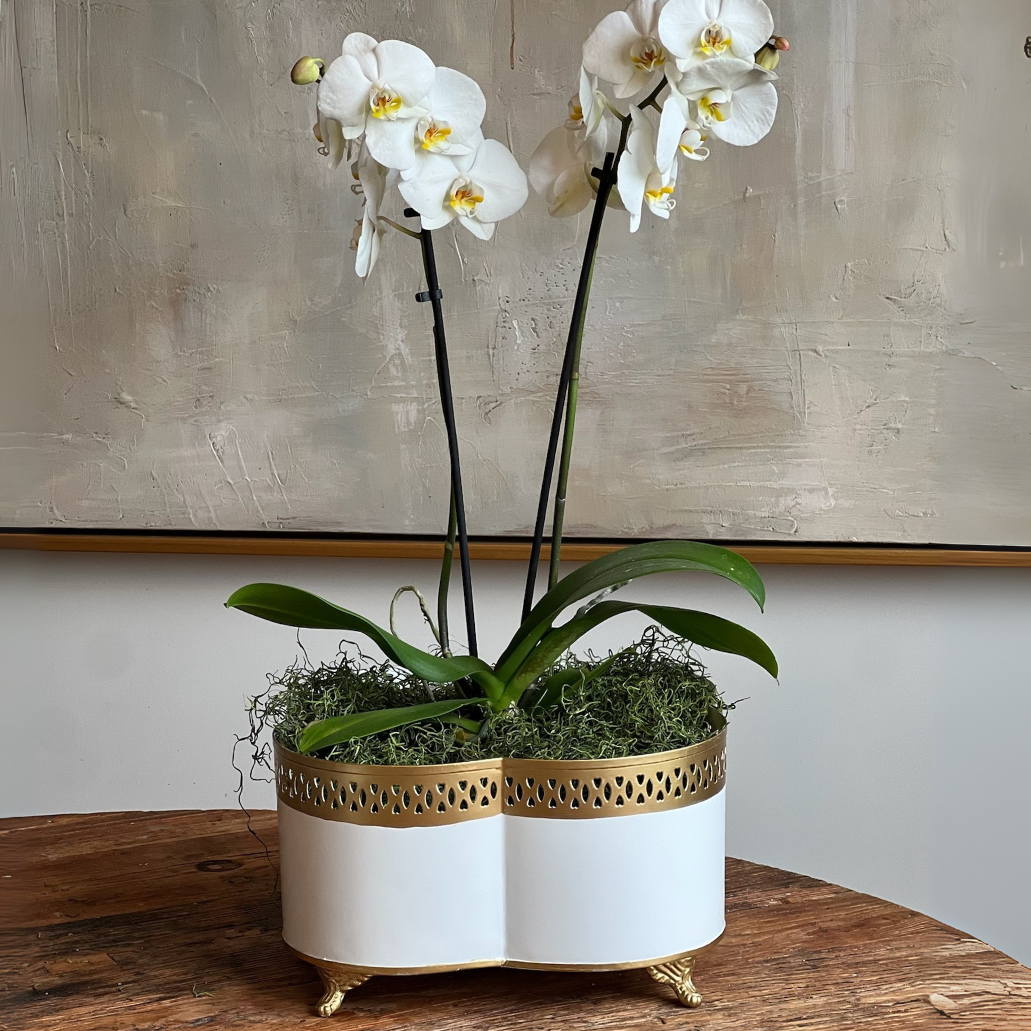 quatrefoil white and gold filigree cachepot. Chelsea house tracery cachepot