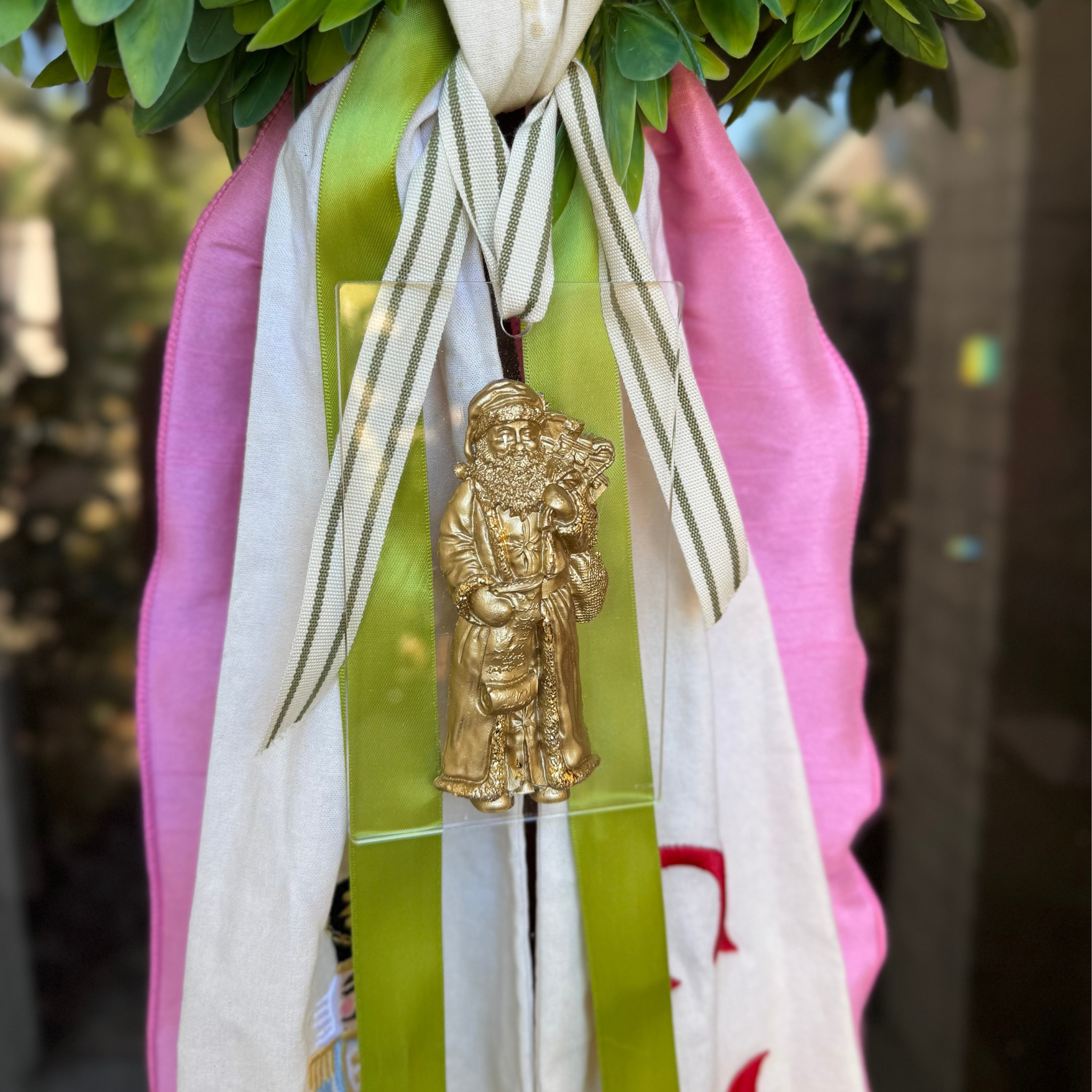 gold and acrylic santa christmas wreath ornament